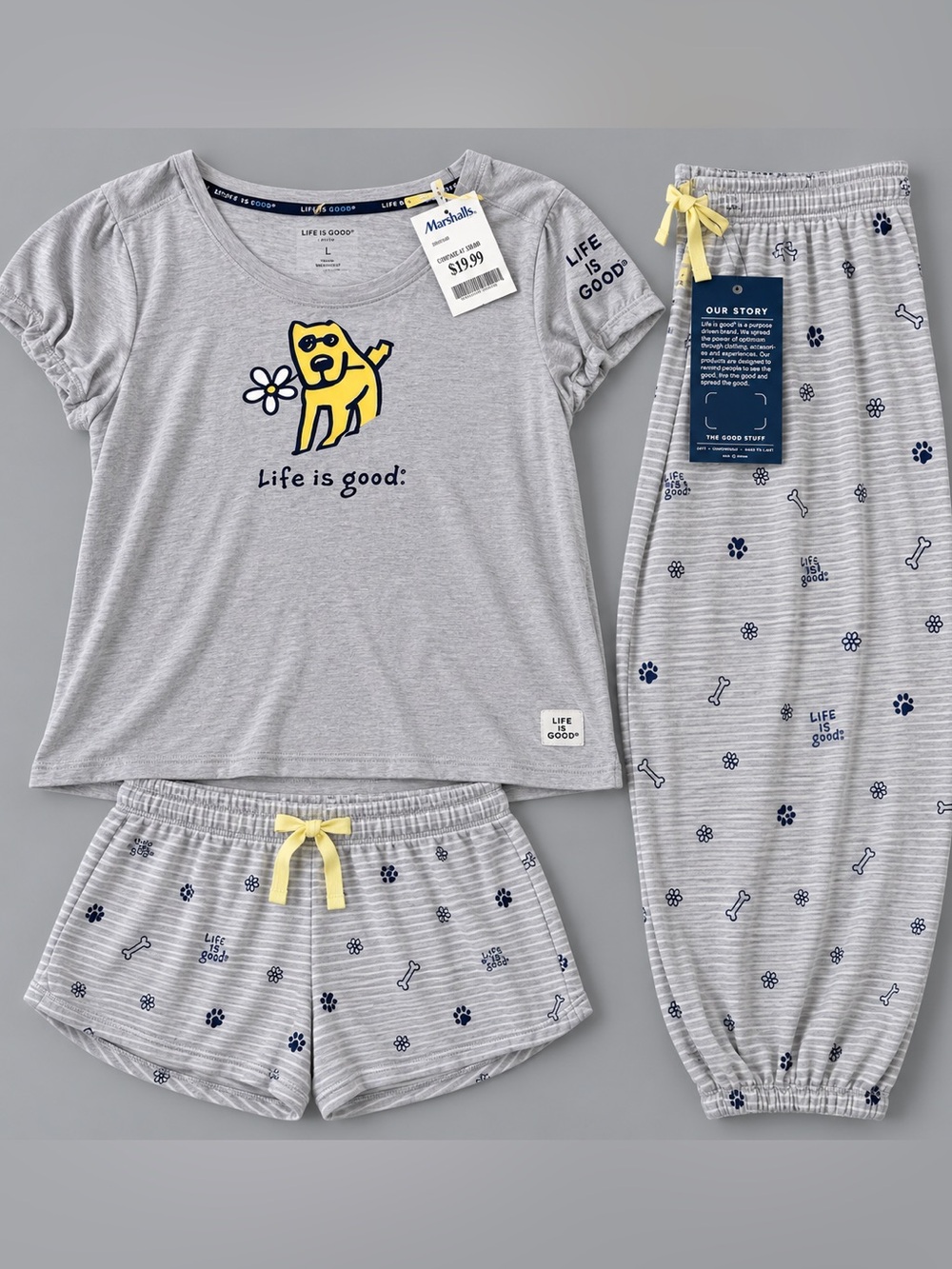 Life is Good 3-Piece Pajama Set Gray Dog Tee Shorts & Pants NWT L